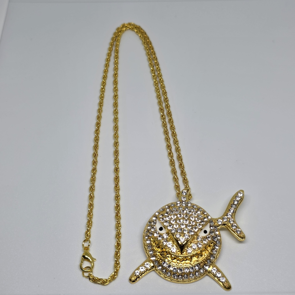 Gold Tone Shark Pendant Necklace with AAA CZ Stones - Iced Out Hip Hop Bling